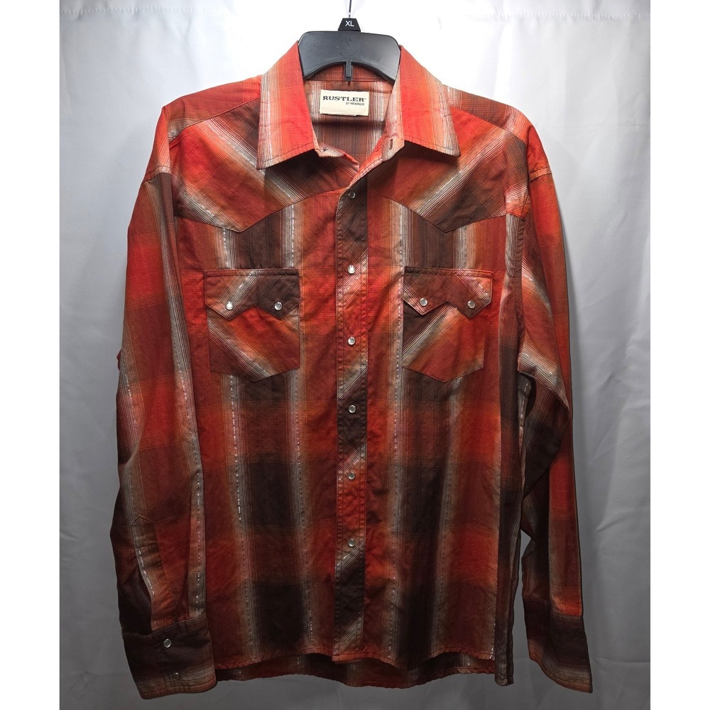 Mens Rustler Pearl Snap Down Red Plaid Long‎ Sleeve Large